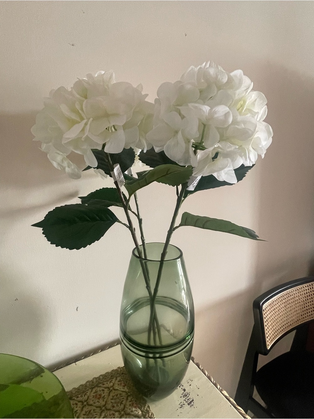 White Hydrangea Stem Arrangement in Green Vase - Home Accents